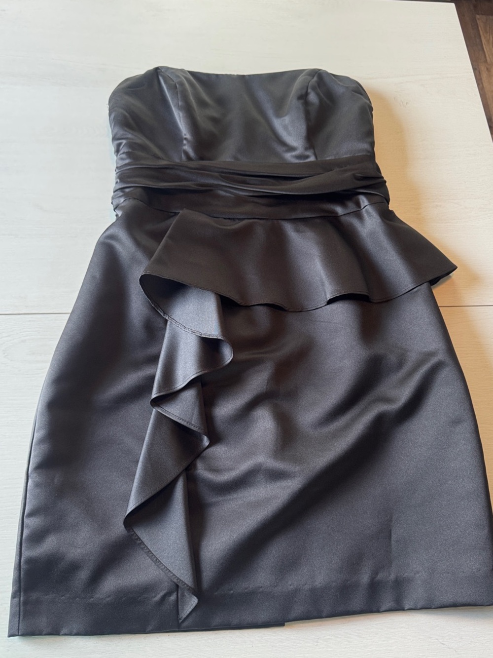 David's Bridal Black Strapless Satin Peplum Dress